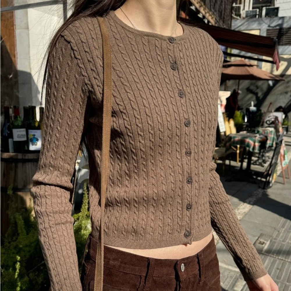 brandy melville 100% cotton zoe cable knit cardigan brown